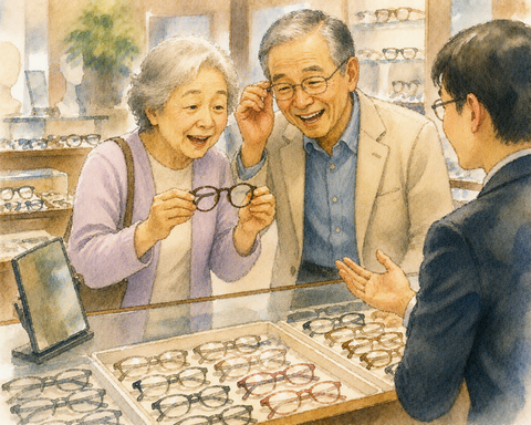 眼鏡屋でメガネを選ぶ　老夫婦