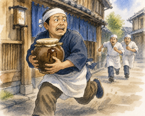 うなぎのたれが入った壺を抱えて逃げる店主