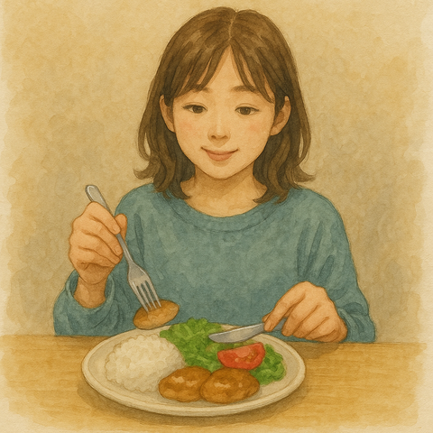 ワンプレートの食器で食事を食べる女性