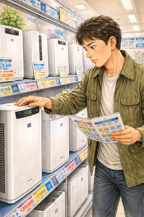 空気清浄機を選ぶ男性