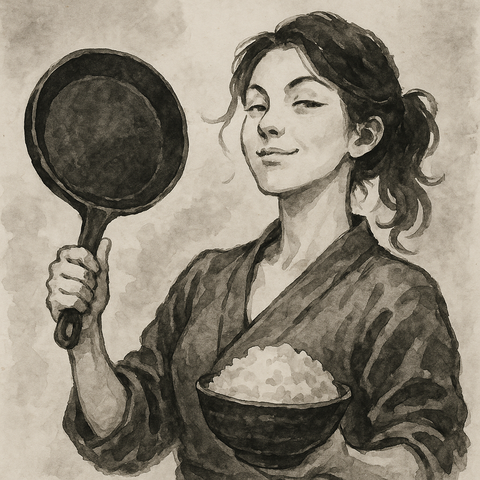 ドヤ顔の鉄フライパン女性