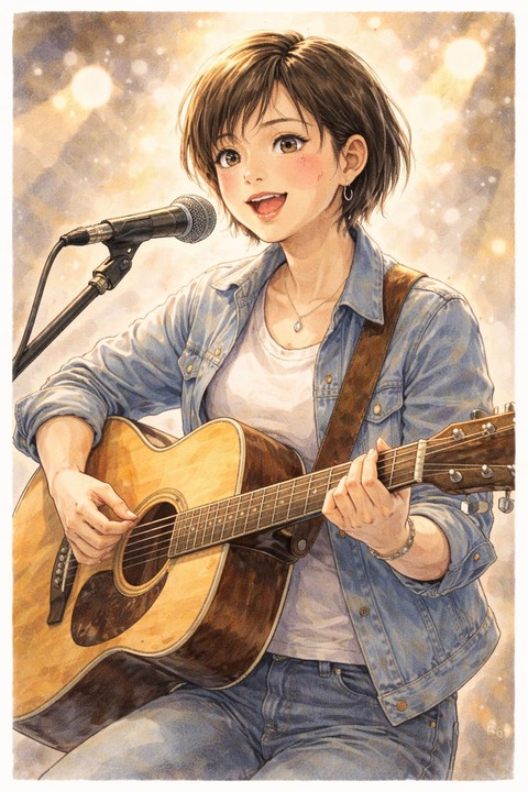 ギターをもって歌う女性歌手