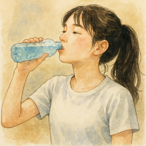 ペットボトルのドリンクを飲む女性