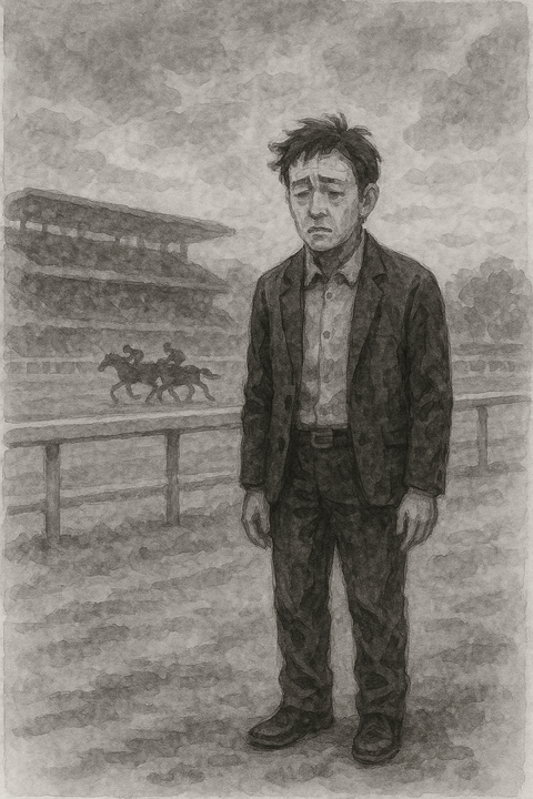 競馬場で呆然と立ち尽くす男性