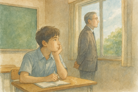 窓の外をぼんやりと眺めている高校教師と高校生