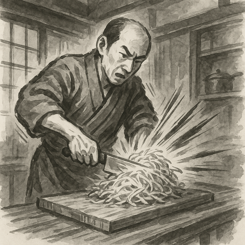キャベツを千切りする男性