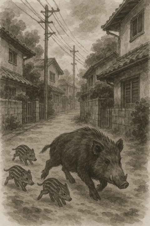 住宅街に猪の親子出没