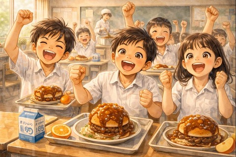 給食のカレーがけハンバーガーに喜ぶ小学生たち