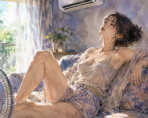 エアコンで涼む女性