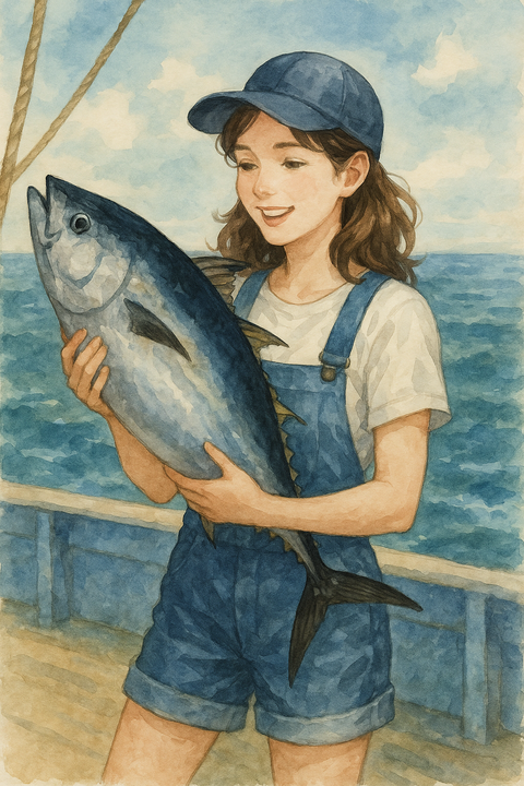 船の上でカツオを抱える女性