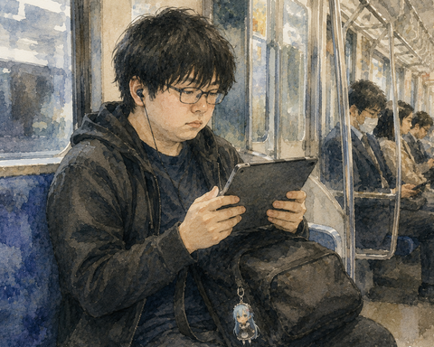 電車でタブレットを使う男性