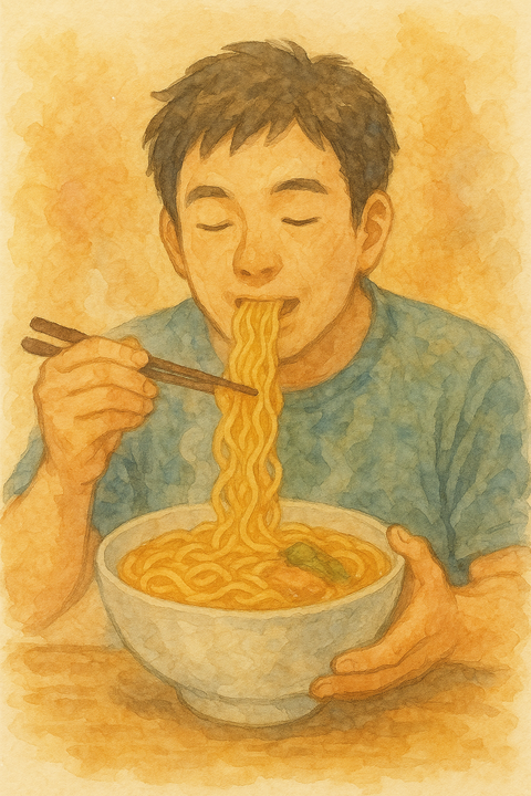 ラーメンを美味しそうに食べる男性