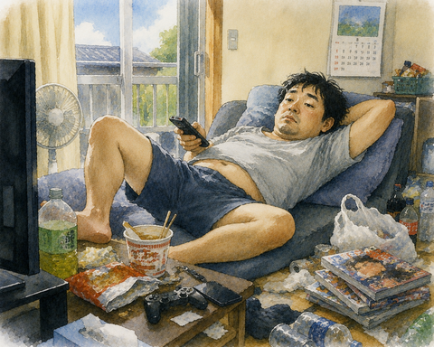 帰省せずに家でダラダラする中年男性