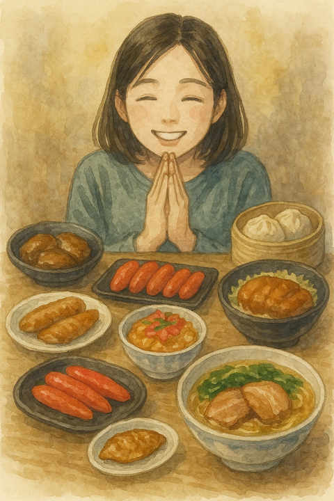 福岡グルメを食べる女性