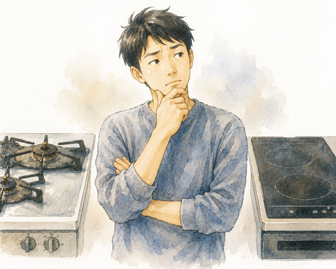 ガスレンジかIHのレンジで迷う男性　