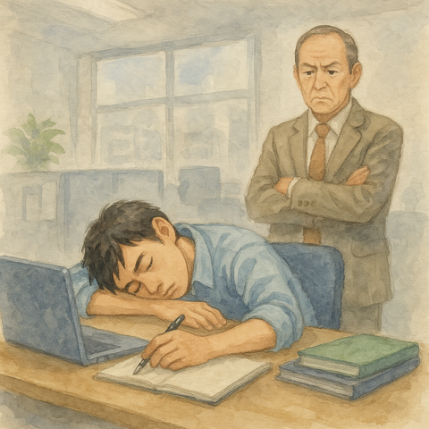 会社で仕事中に居眠りする男性あきれる上司
