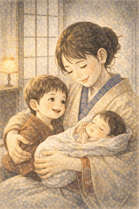 母親と男児と新生児