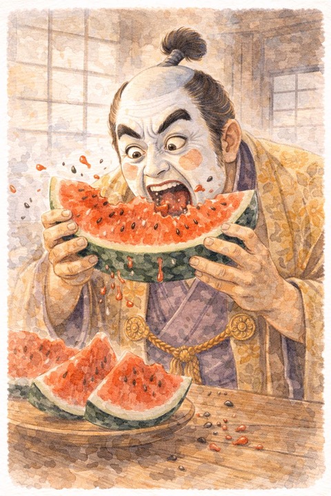 切ったスイカの早食いする殿様