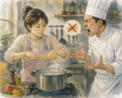 パスタを折る主婦を怒るシェフ