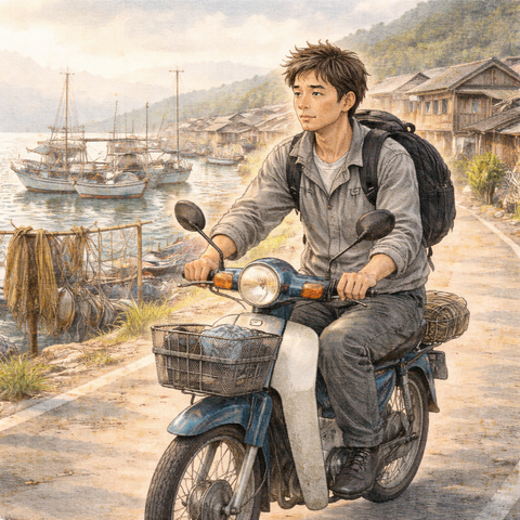 漁村から通勤する男性