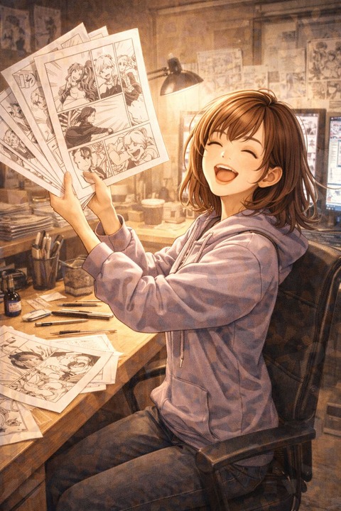 原稿が終わって喜ぶ漫画家