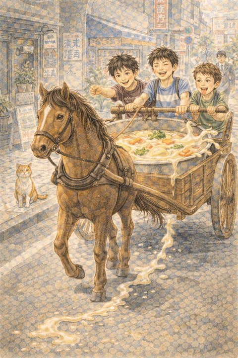 シチュー引き回しの刑を実行する小学生男子