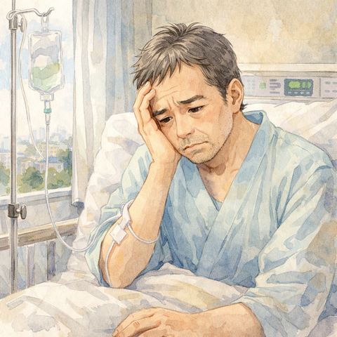 入院中点滴を打つ男性