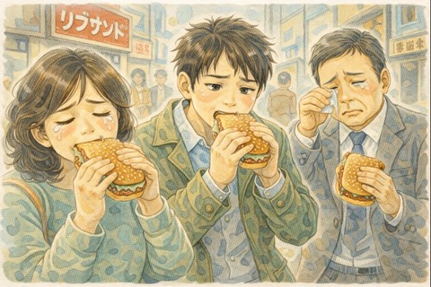 泣きながらリブサンドを食べる人たち