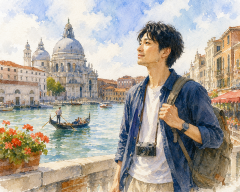イタリア旅行する日本人男性