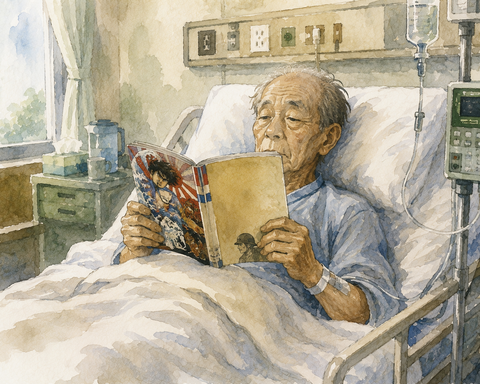 病室で漫画雑誌を読む死に際の老人男性