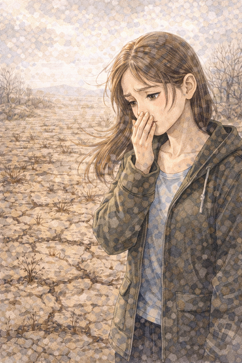 やせた土地を見てため息をつくロシア人女性