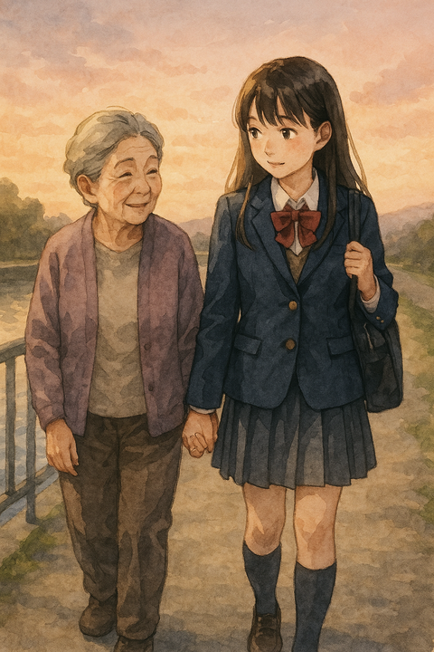 おばあちゃんと手をつないで歩く高校生
