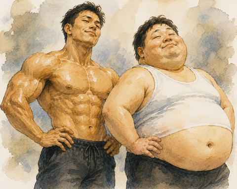 筋肉ムキムキ男性とデブ男性