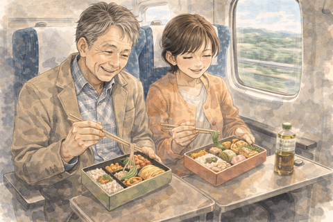 新幹線で駅弁を食べる夫婦