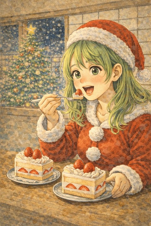 クリスマスにいちごのショートケーキを食べる女性