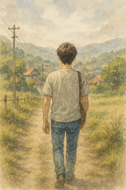 田舎の生まれ故郷に帰省する男性