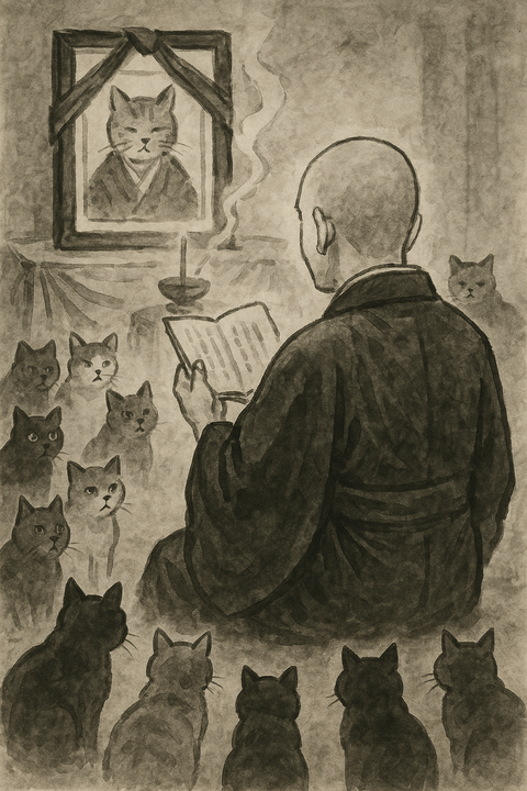 読経中に集まる猫