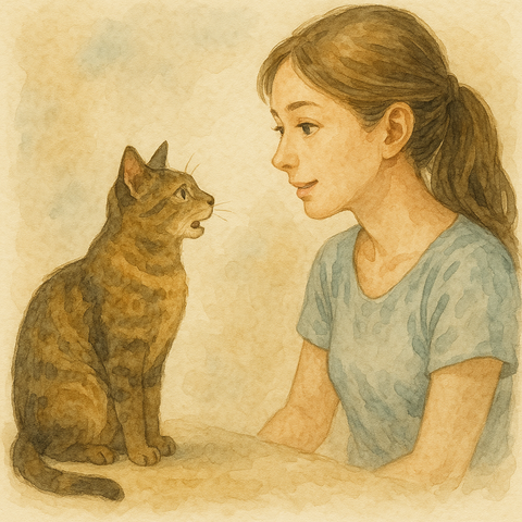 お姉さんと話す猫