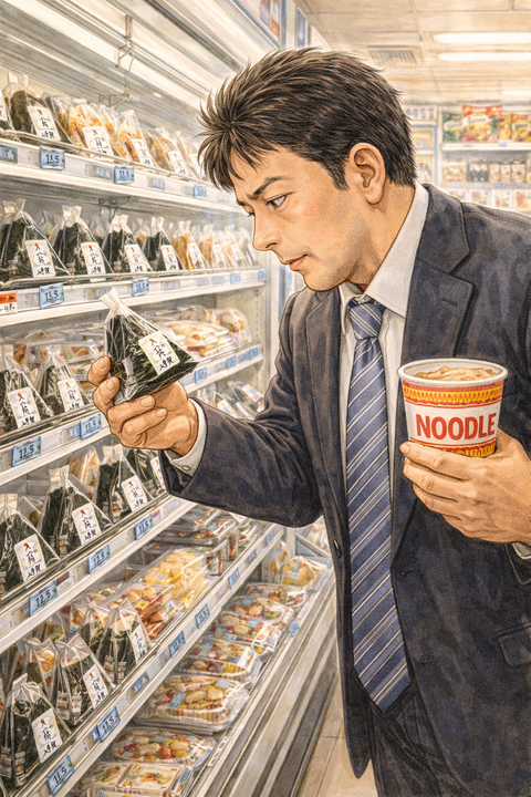コンビニおにぎりを選ぶサラリーマン