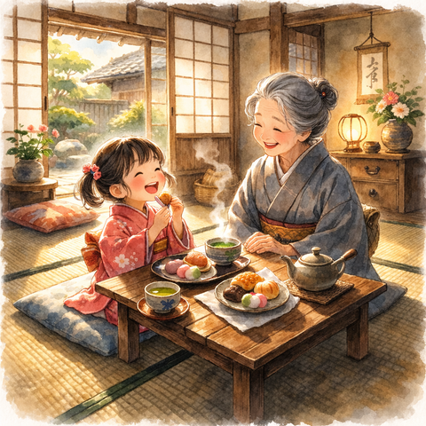 和室でお菓子を食べる孫とお婆ちゃん