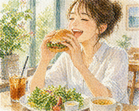 ハンバーガーとサラダの健康的な食事を食べる女性