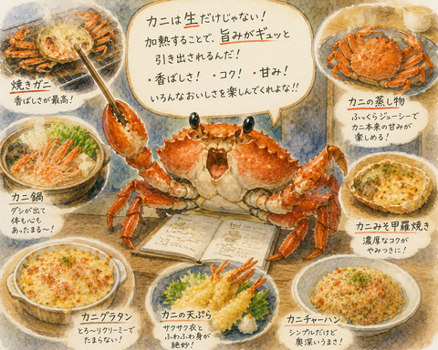 蟹の食べ方の説明をするカニ