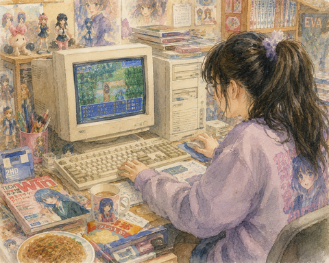 パソコンでゲームするオタク女性