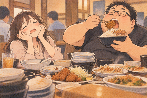 ぶりっ子する女性　食べ続けるデブ男性