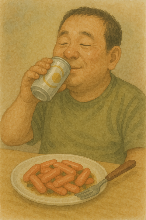 魚肉ソーセージで缶ビールを飲む幸せな中年男性