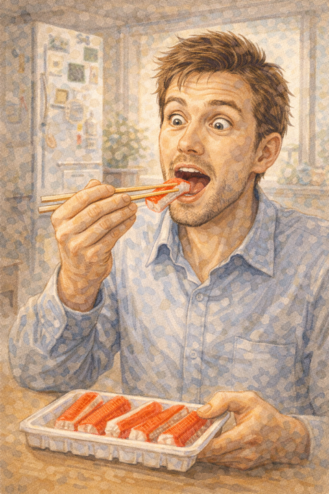 カニカマを食べる外国人