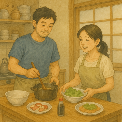 食事の用意をする夫婦