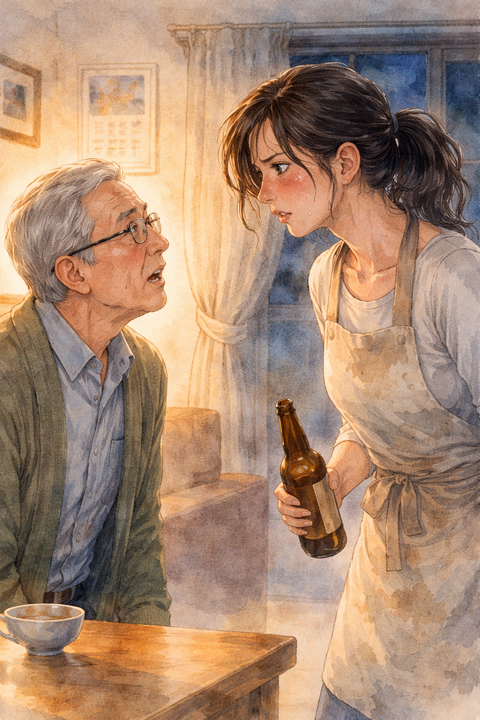 老人と女性とビール