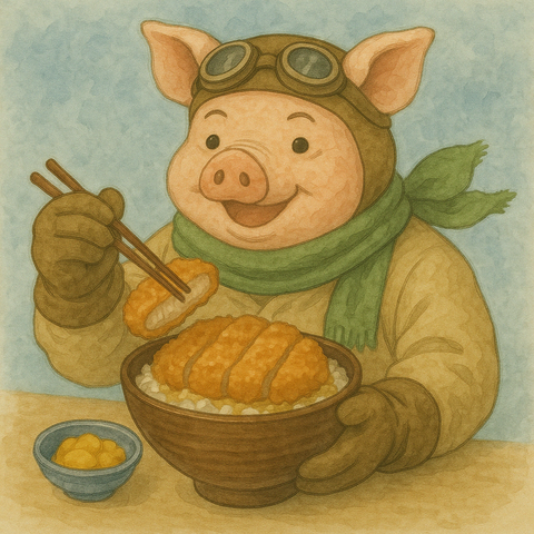 かつ丼を食べるブタ