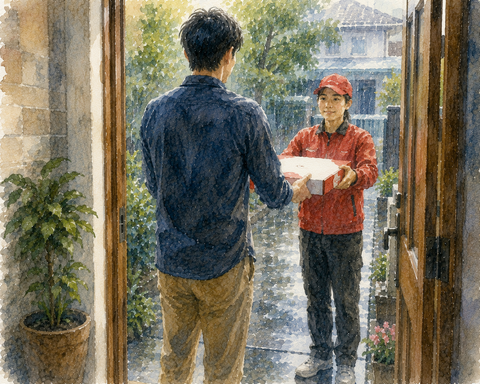 宅配ピザを受け取る男性